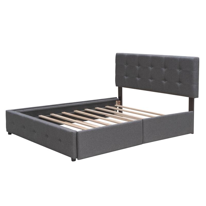 Dark Gray Linen Fabric Upholstered Queen Platform Bed With 2 Drawers, Twin Xl Trundle, Sturdy Wood Frame, No Box Spring Needed