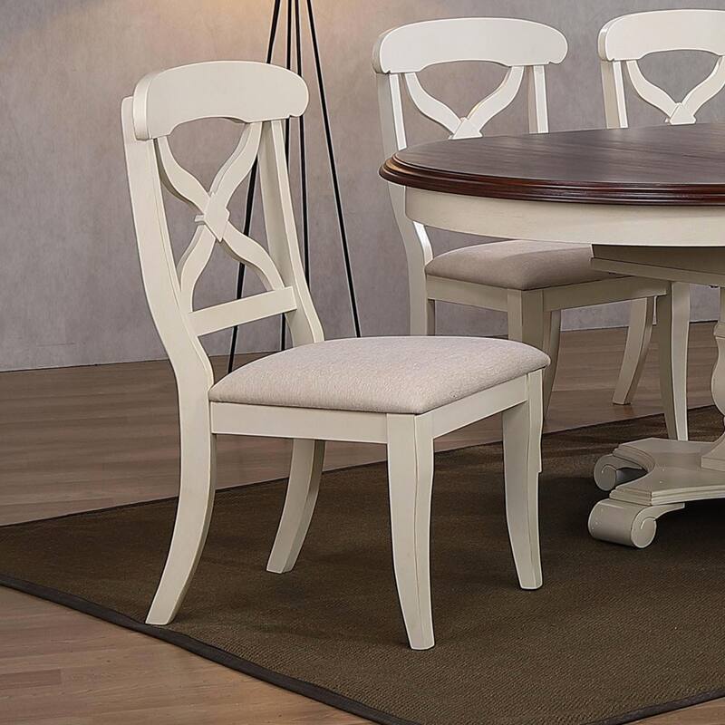 Upholstered Dining Chairs Set of 2 - Cross Back Side Chairs, Antique White Wood Frame