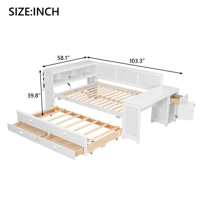 GDFStudio - Multifunctional Full Size Daybed with Storage, Desk, LED & Charging Station