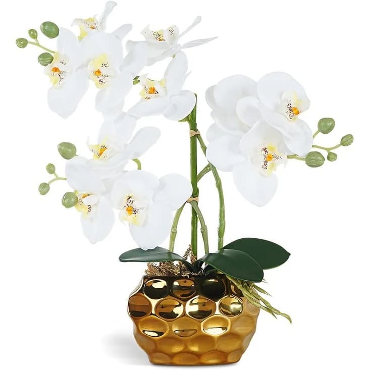 Artificial Orchid Phalaenopsis Plant Including Metallic Vase, 24" - Gold
