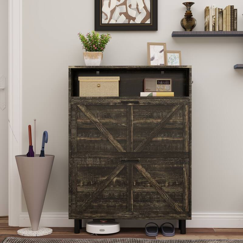 Farmhouse Shoe Storage Cabinet with Barn Door Design