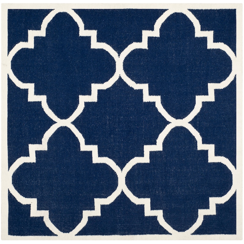 SAFAVIEH Handmade Flatweave Dhurries Jinan Modern Moroccan Wool Rug - 8' Square - Navy/Ivory