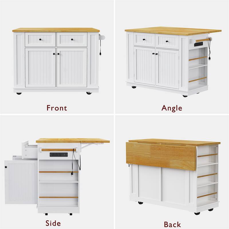 Rolling Kitchen Storage Cart on 5 Wheels with Drop Leaf,Power Outlet,Open Side Racks