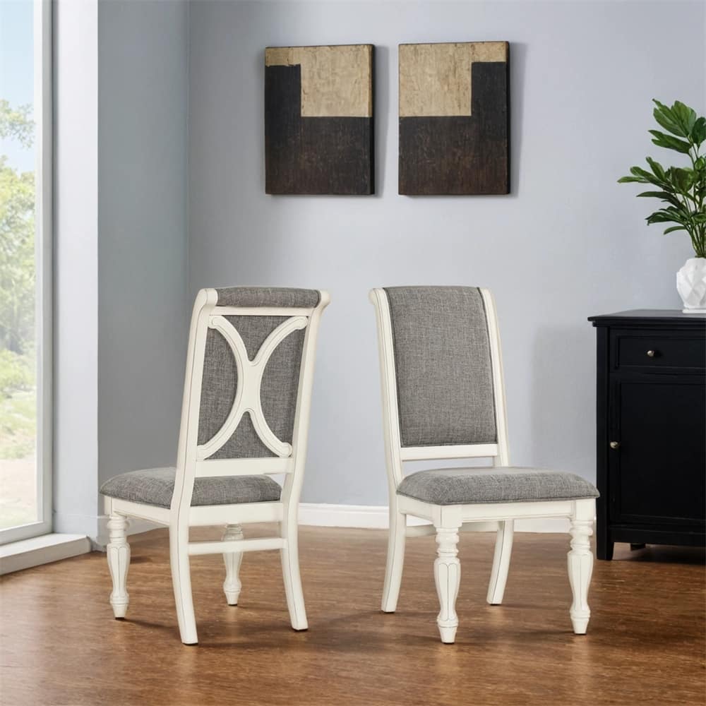 Antique White Solid Wood Upholstered Dining Chairs,Set of 2