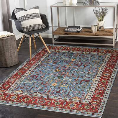 Lucy Handmade Traditional Oriental Wool/Cotton Blue Area Rug