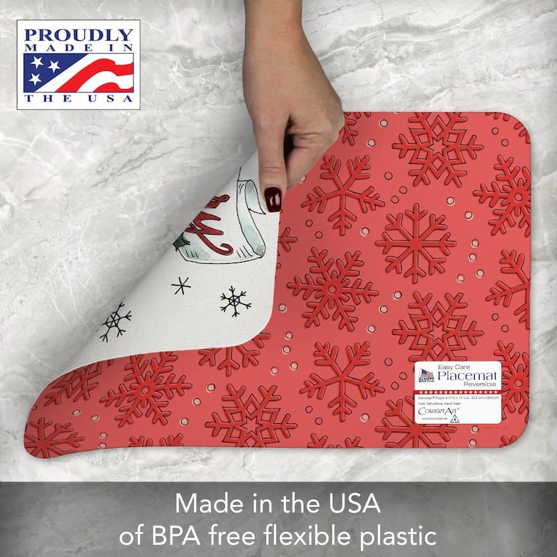 Holiday Delivery 4 Pack Reversible Easy Care Flexible Plastic Placemats Made in The USA BPA Free Easily Wipes Clean