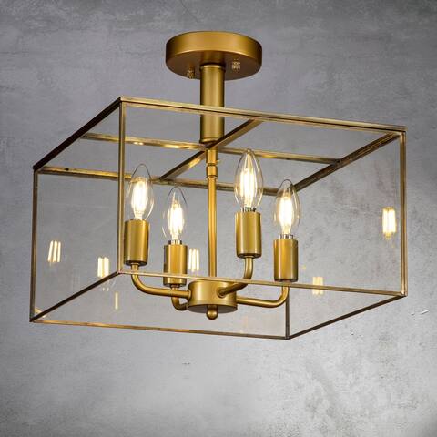 4-Light Modern Gold Square Semi-Fulsh Mount Ceiling Light with Glass Accents - W 14"