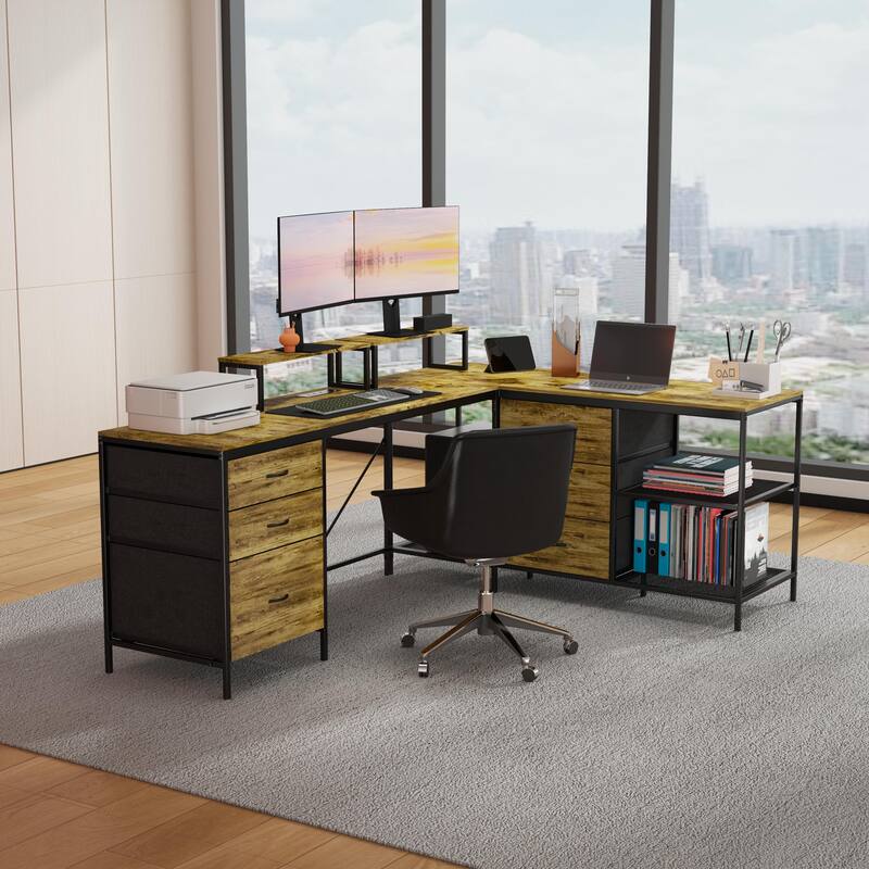 114 Inch L-Shaped Desk with Power Outlets & USB-C, Industrial Computer Desk with 6 Fabric Drawers, 3 Open Shelves