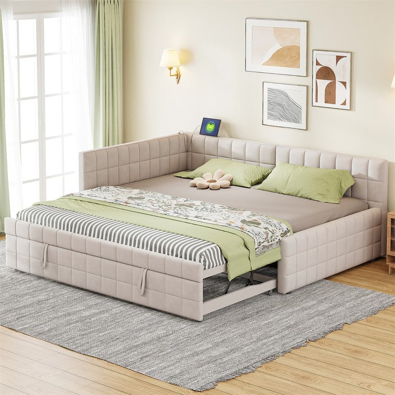 Full Size Upholstered Daybed with Twin Size Pop Up Trundle and USB Ports, Modern Daybed Frame Sofa Bed with L-Shaped Backrest