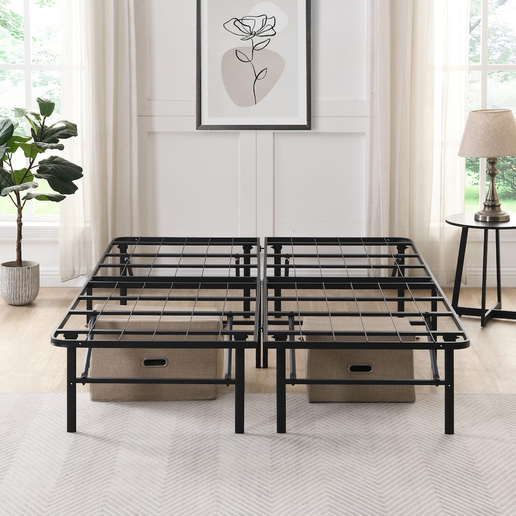 King Metal Platform Folding Bed Frame 14 Inch High Heavy Duty Steel Slat Under Bed Storage Black