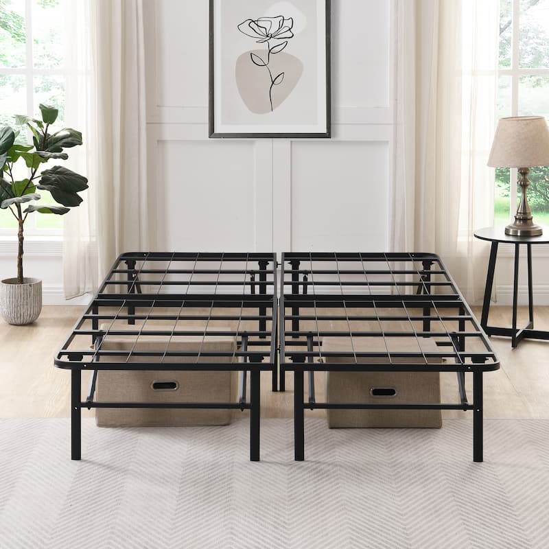 Queen Metal Platform Folding Bed Frame 14" High Queen Size Box Spring Replacement Heavy Duty Steel Slat, for Bedroom Apartment - Black