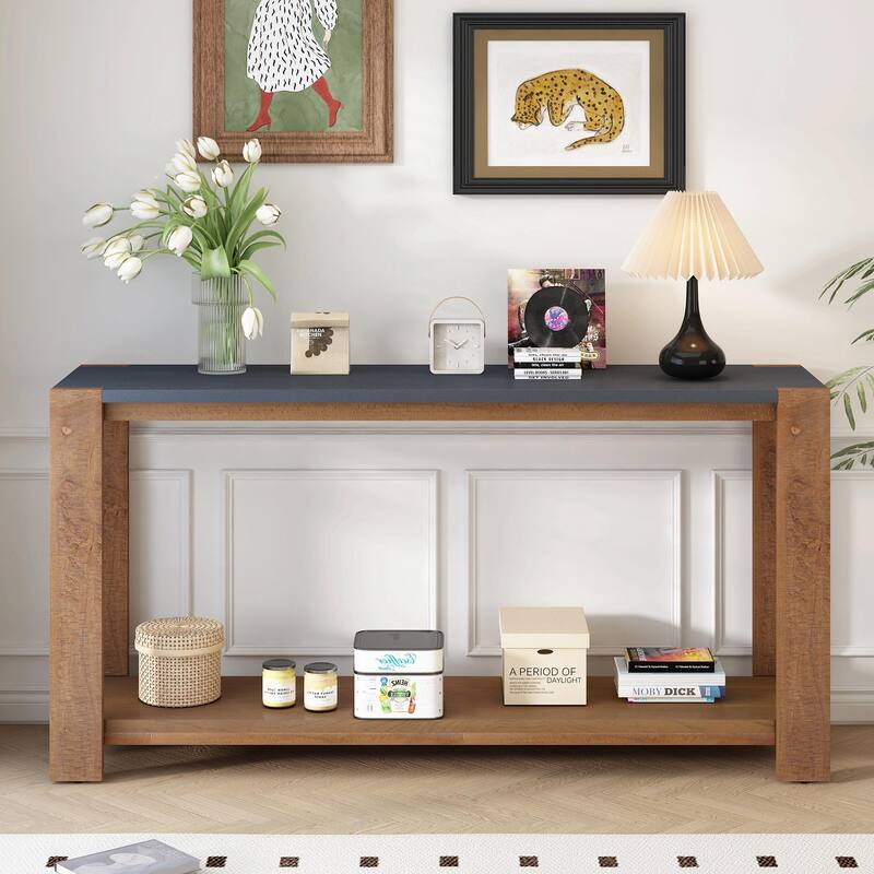 Minimalist Console Table with Bottom Shelf and Four Legs - Black+Brown