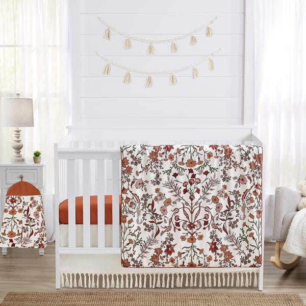 slide 2 of 6, Sweet Jojo Designs Ivory and Orange Boho Vintage Floral Girl 4p Nursery Crib Bedding Set Bohemian Rust Botanical Green Fringe