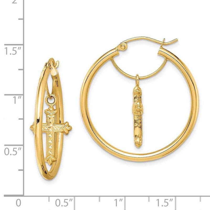 Curata 14k Yellow Gold Cross Dangle Hoop Earrings - 31x29.85mm