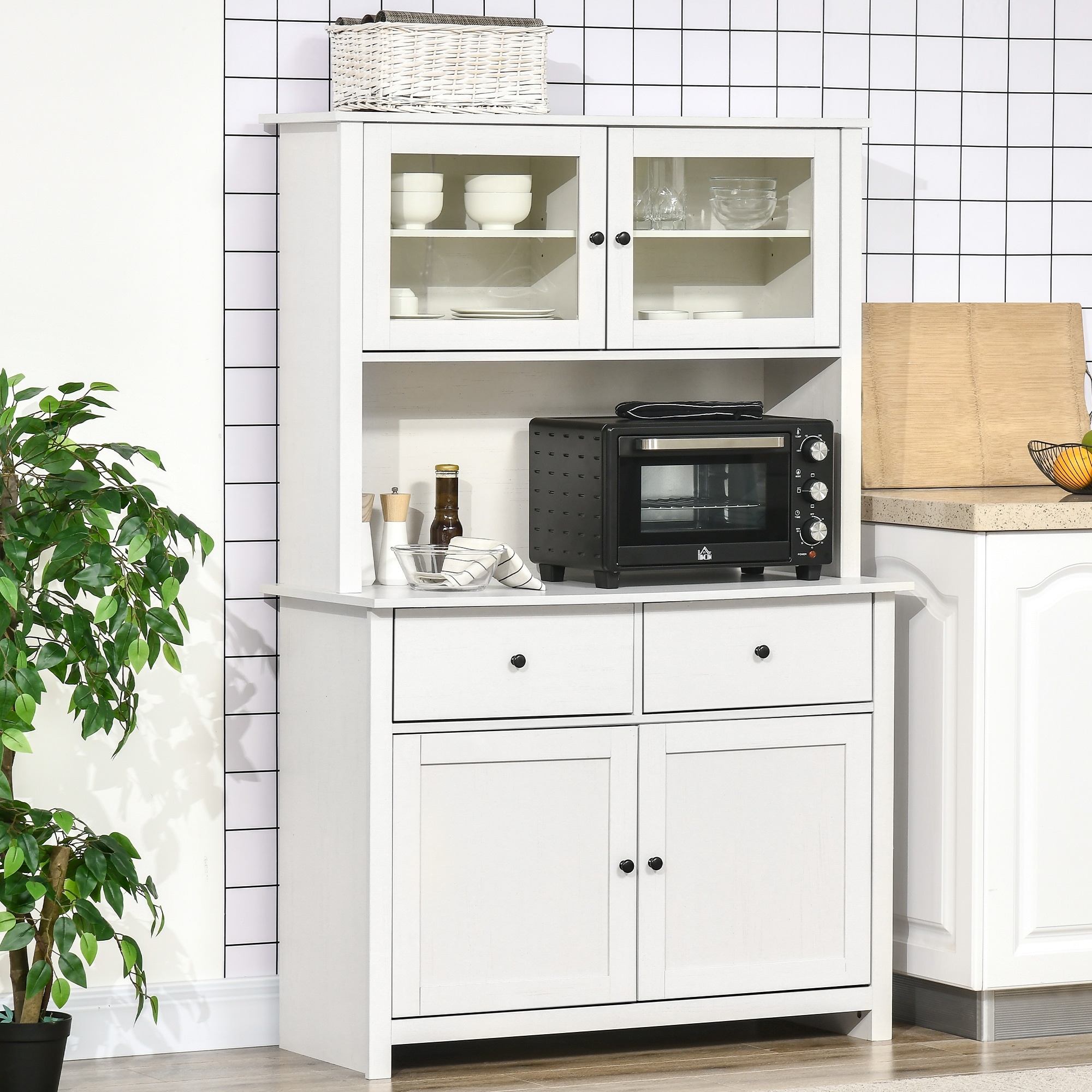 HOMCOM 63.5" Kitchen Buffet with Hutch, Pantry Storage Cabinet with 4 Shelves, Drawers, Framed Glass Doors