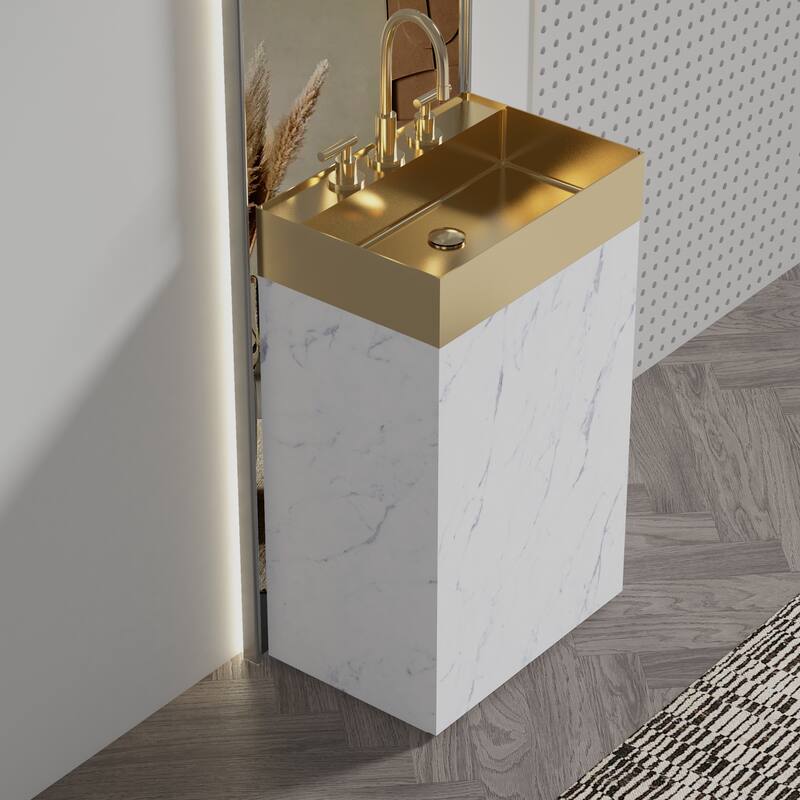 Modern Marble Bathroom Vanity, Roca 20" Freestanding Cabinet with Brushed Gold Stainless Steel Integrated Sink