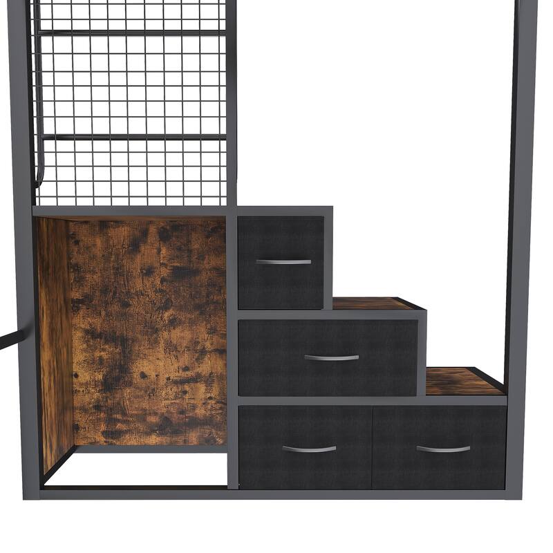 Full Loft Bed with Built-In Desk & USB Charging, Heavy Duty Metal Frame, 4 Hidden Drawers & Staircase