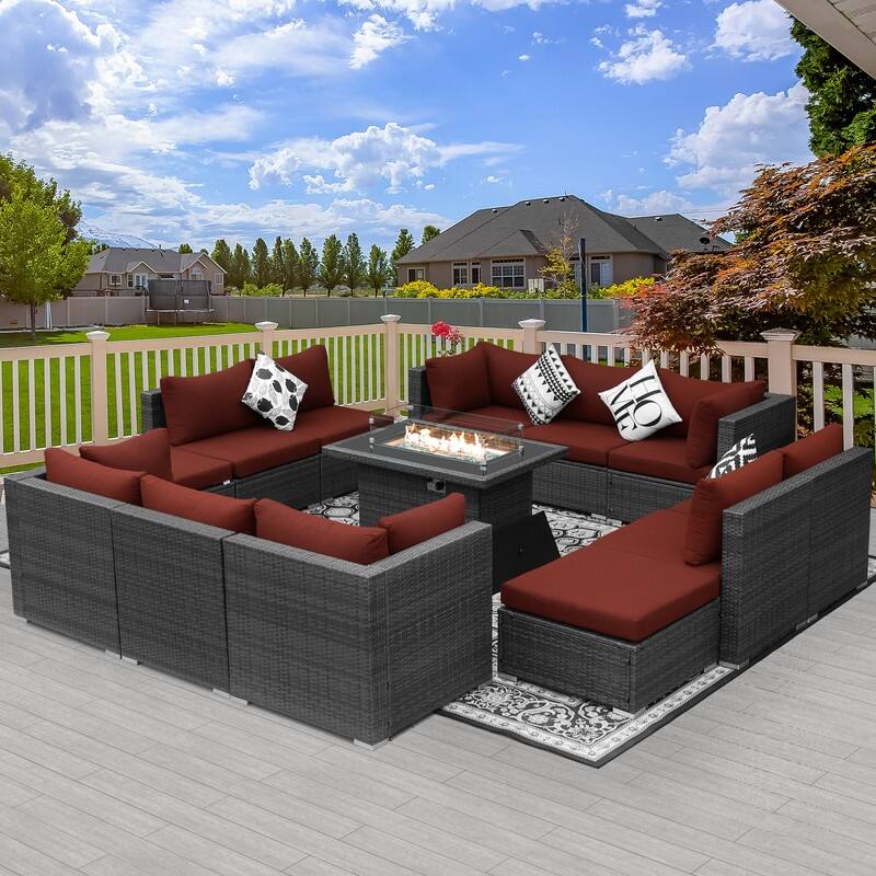 FINCATI Outdoor Grey Wicker Sectional Furniture Patio Sofa Set with Firepit Table - 13 Pieces - Red