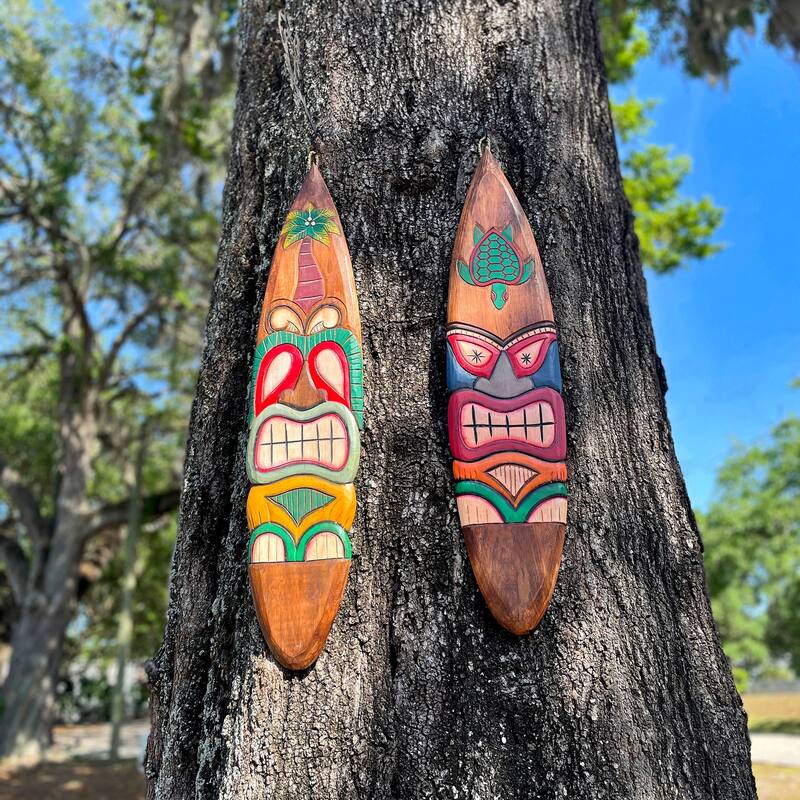 Set Of 2 Tiki Surfboard Wall Decor 39" Sea Turtle Palm Tree