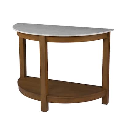 White Faux Marble Half Circle Console Table with Shelf and Wood Base - 41.75” L x 20” W x 30.25” H