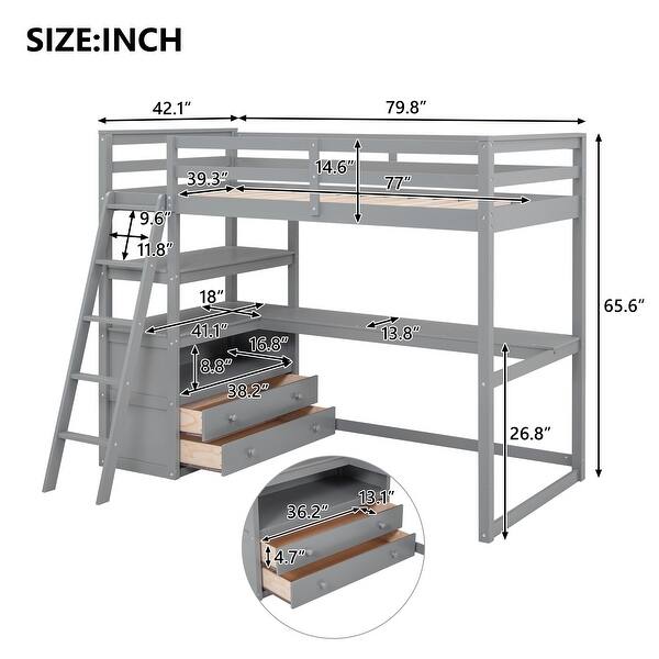 dimension image slide 0 of 4, Multifunction Wood High Loftbed Frame with L-Shaped Desk, Shelves & 2 Built-in Drawers for Kids Teens Bedroom