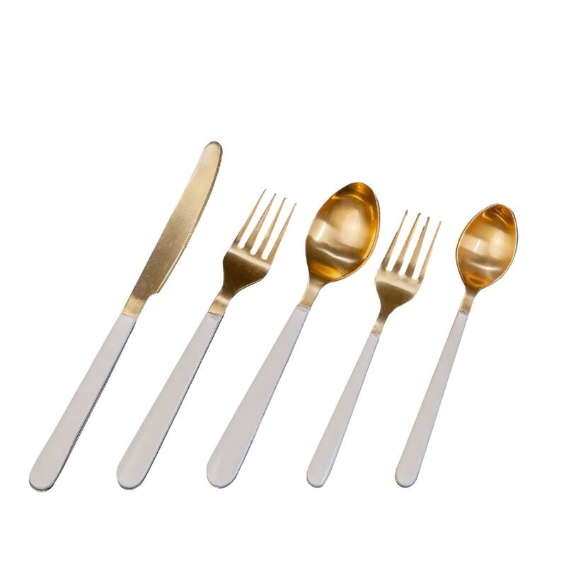 5pc Flatware Place Setting Gold w/ White Resin Handles in Giftbox - Gold & White