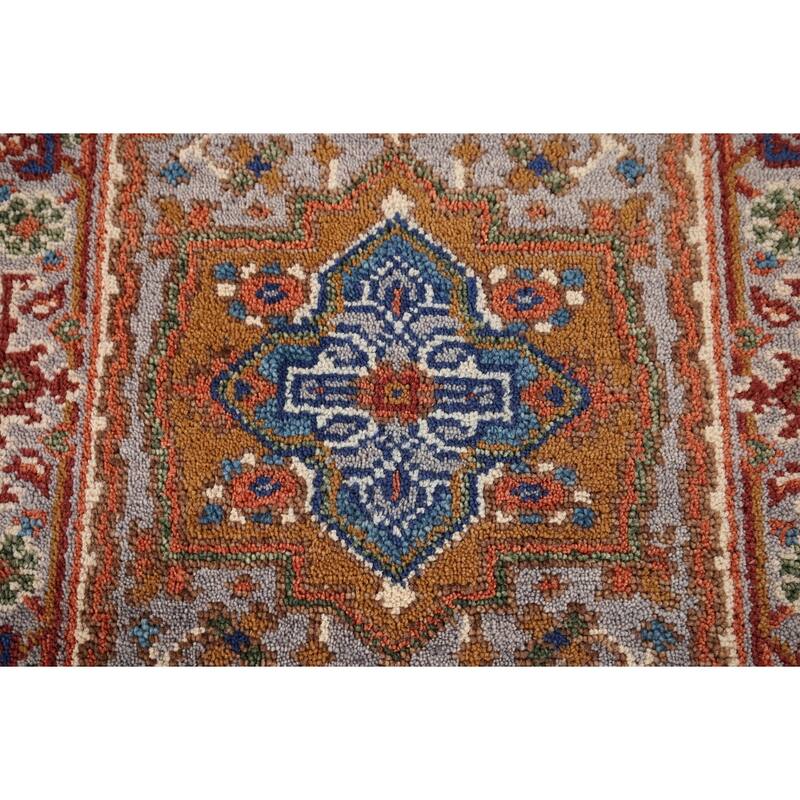 Geometric Heriz Serapi Indian Accent Rug Handmade Grey Wool Carpet - 2'1" x 3'2"