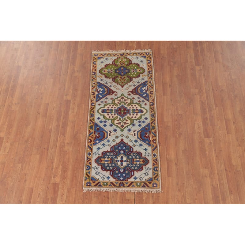 Geometric Kazak Accent Rug Handmade Oriental Blue Wool Carpet - 2'7"x 5'10"