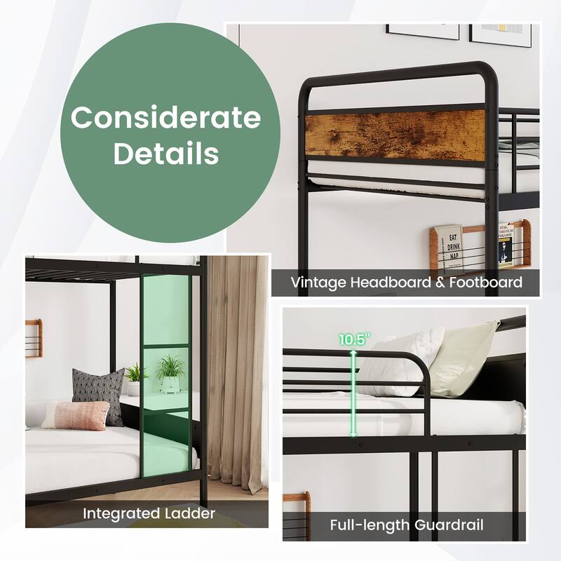 Gymax Twin Over Twin Bunk Bed w/ Trundle Industrial Metal Bunkbed