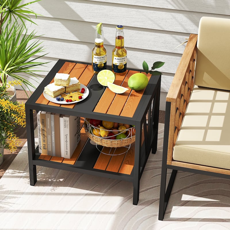 Black-Natural Metal 2-Tier Outdoor Side Table with Wood-Like Top and Umbrella Hole - 20.5" x 18" x 18"