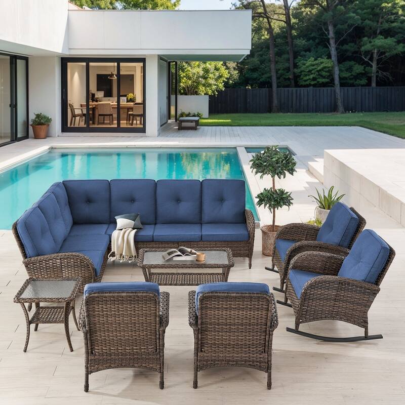 Gymojoy L-Shaped Outdoor Sectional Sofa Set with Rocking Chairs & Side Table - Blue - 7-Piece
