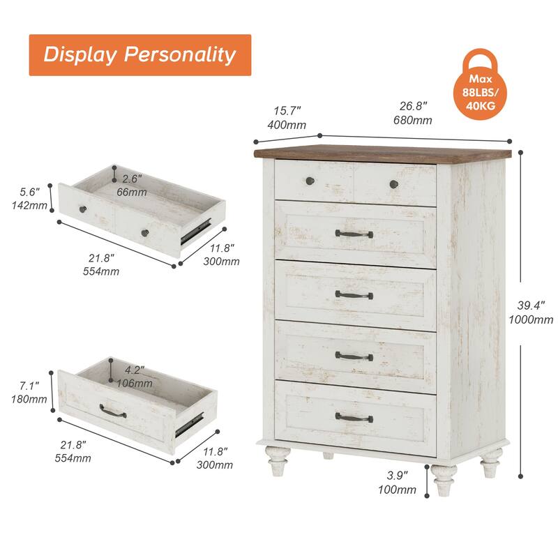 Wood Kid Dresser with 5 Drawers, Farmhouse Baby Dressers for Kids Room