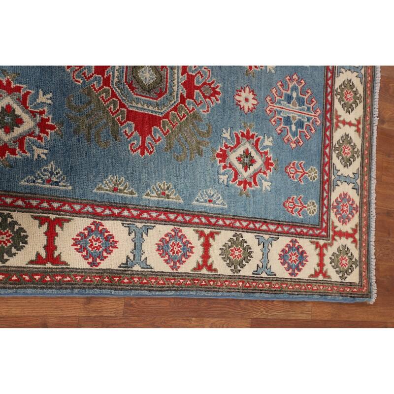 Blue Geometric Kazak Foyer Rug Hand-Knotted Oriental Wool Carpet - 3'4" x 4'11"