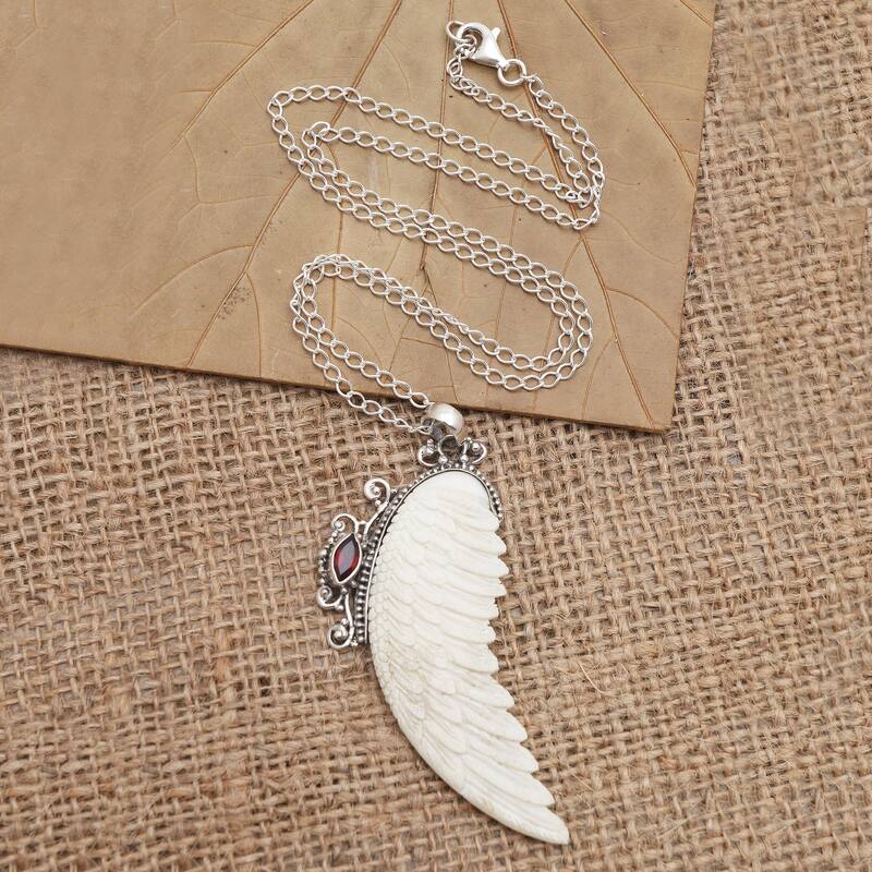 Novica Handmade Pale Angel Garnet Pendant Necklace - White