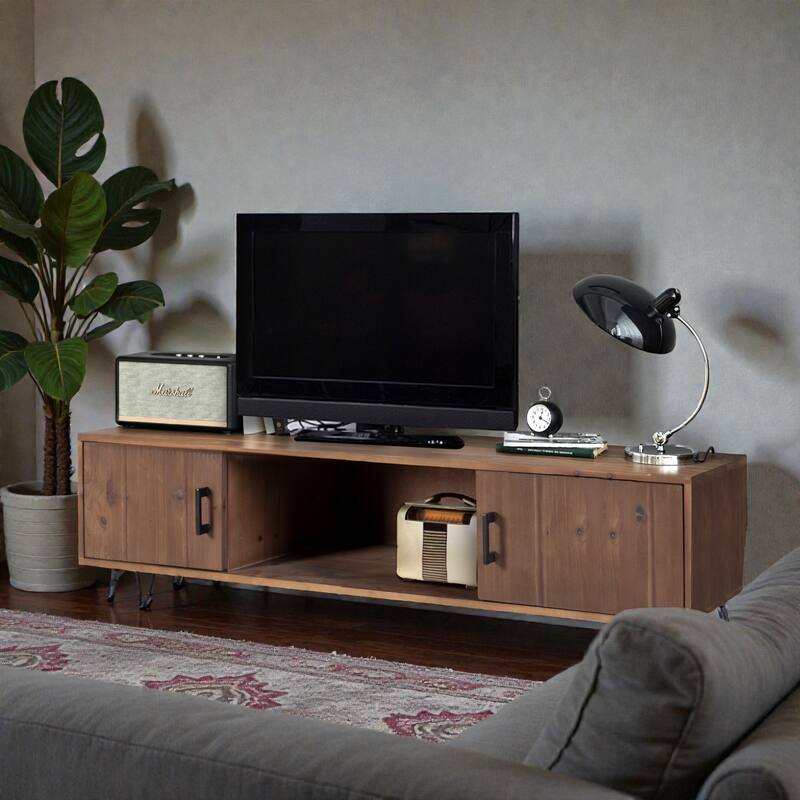 60" Industrial Reclaimed Wood TV Stand, Solid Wood Media Console with 2 Storage Cabinets for Living Room