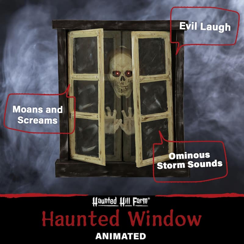 Haunted Hill Farm 2.8-ft. Animated Window with Skeleton, Indoor/Covered Outdoor Halloween Decoration, Flashing Red Eyes