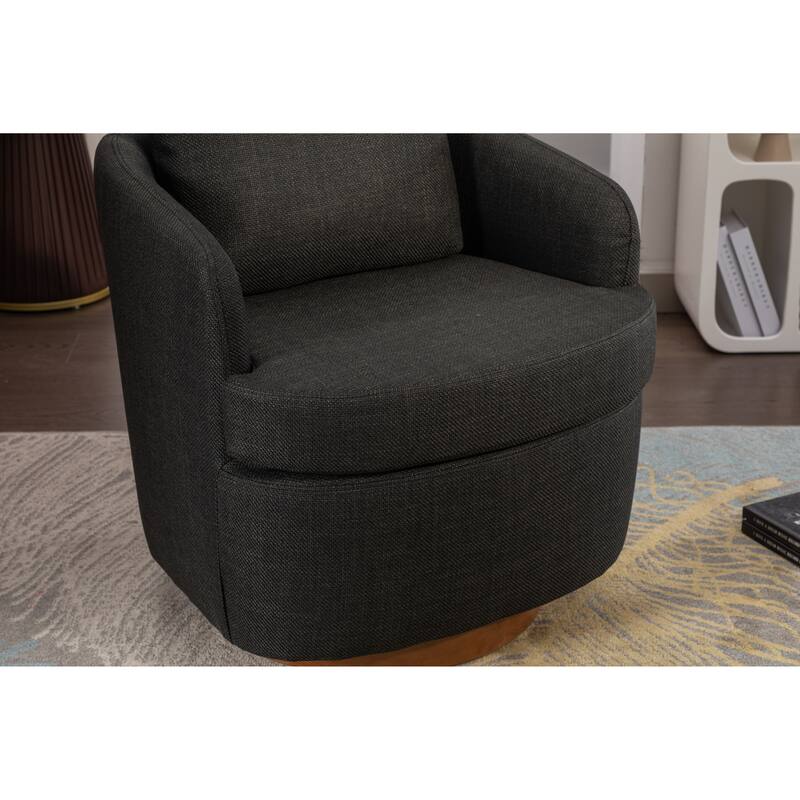 Linen Fabric Swivel Accent Chair With Soild Wood Round Brown Base Leg