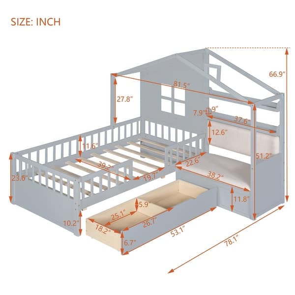 dimension image slide 1 of 2, Twin Size House Bed with Sofa, Kids Platform Bed with Two Drawers and Storage Shelf, Gray