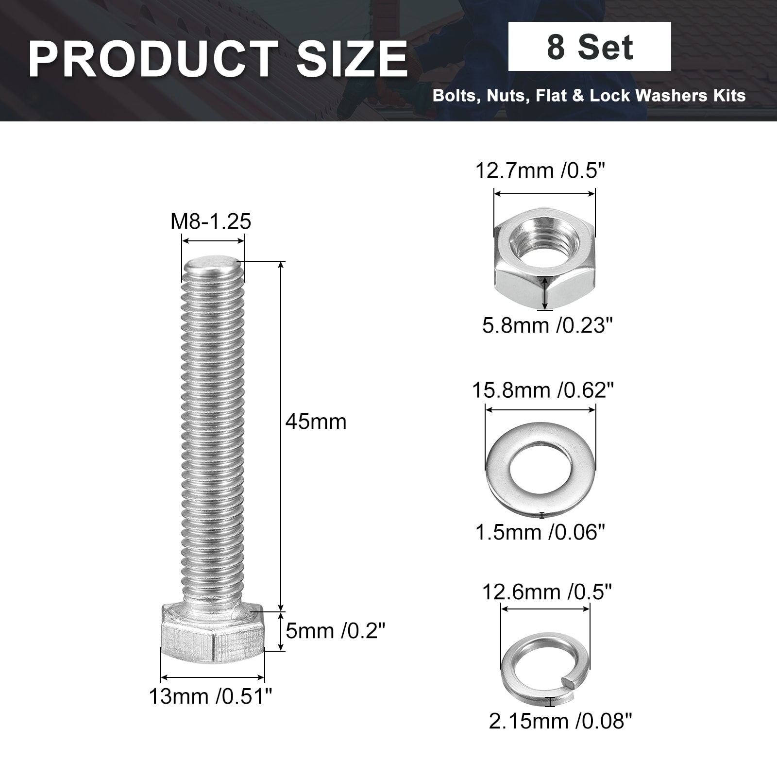 Hex Head Screws Bolts, Nuts, Flat Lock Washers Kits, Stainless Steel Fully Thread Hexagon