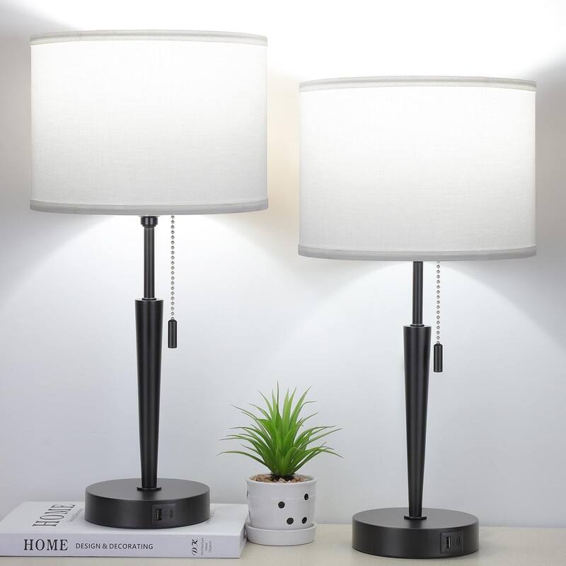 Set of 2 Bedside Table Lamp, Pull Chain Nightstand Lamps - E26 - white