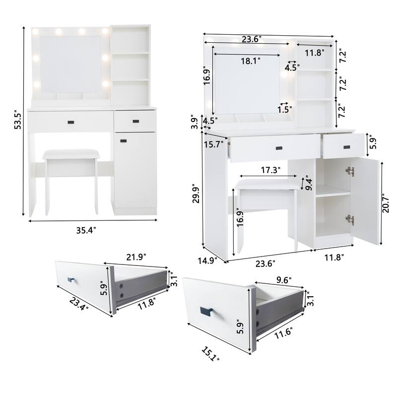 35" Makeup Vanity Table with Lighted Mirror, Hidden Storage Cabinet, Drawers & Touch Control Lighting Modes