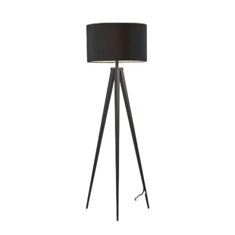 62-Inch Tall Modern Black Tripod Floor Lamp with Fabric Drum Shade and Metal Stand for Living Room - 61.5”H x 21”W x 21”D