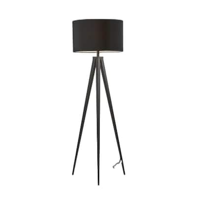 62-Inch Tall Modern Black Tripod Floor Lamp with Fabric Drum Shade and Metal Stand for Living Room - 61.5”H x 21”W x 21”D