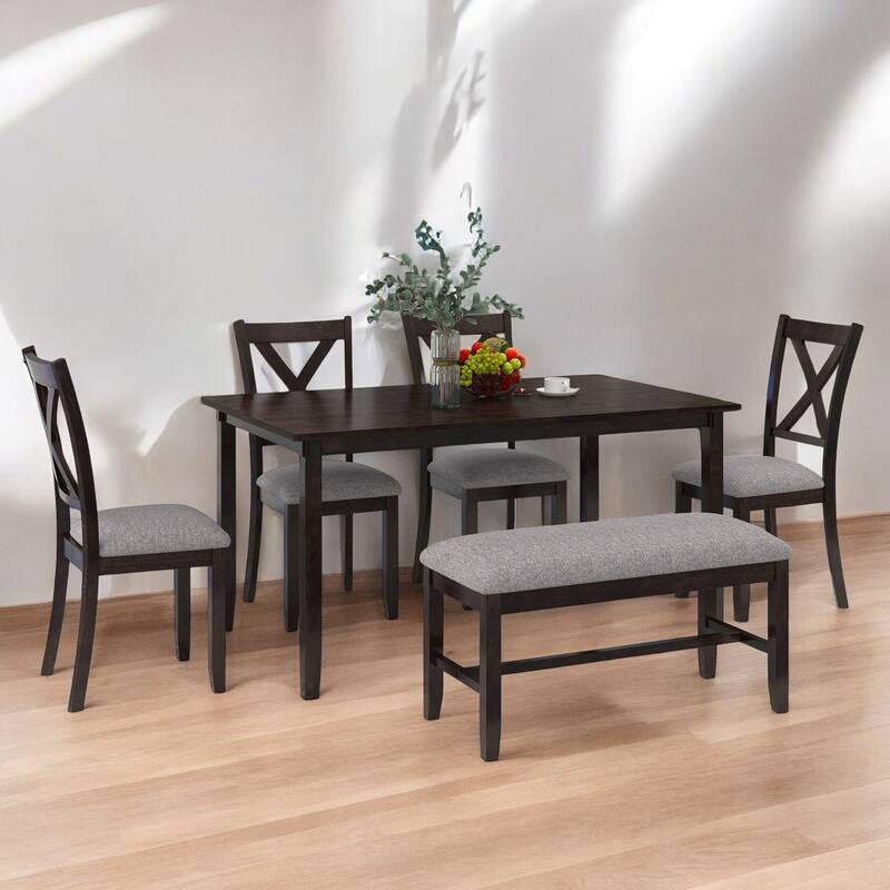 6-Piece Rectangular Dining Table Set with 4 Upholstered Chairs and Bench, Wood Kitchen Table for Family Dining Room