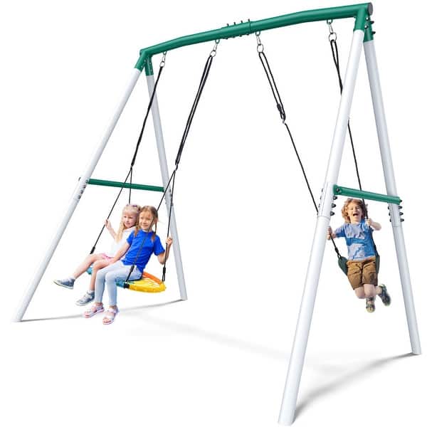 slide 2 of 11, Hapfan 7.5ft 500lbs Heavy Duty Tall Swing Sets for Kids and Adults Backyards (Green and White)