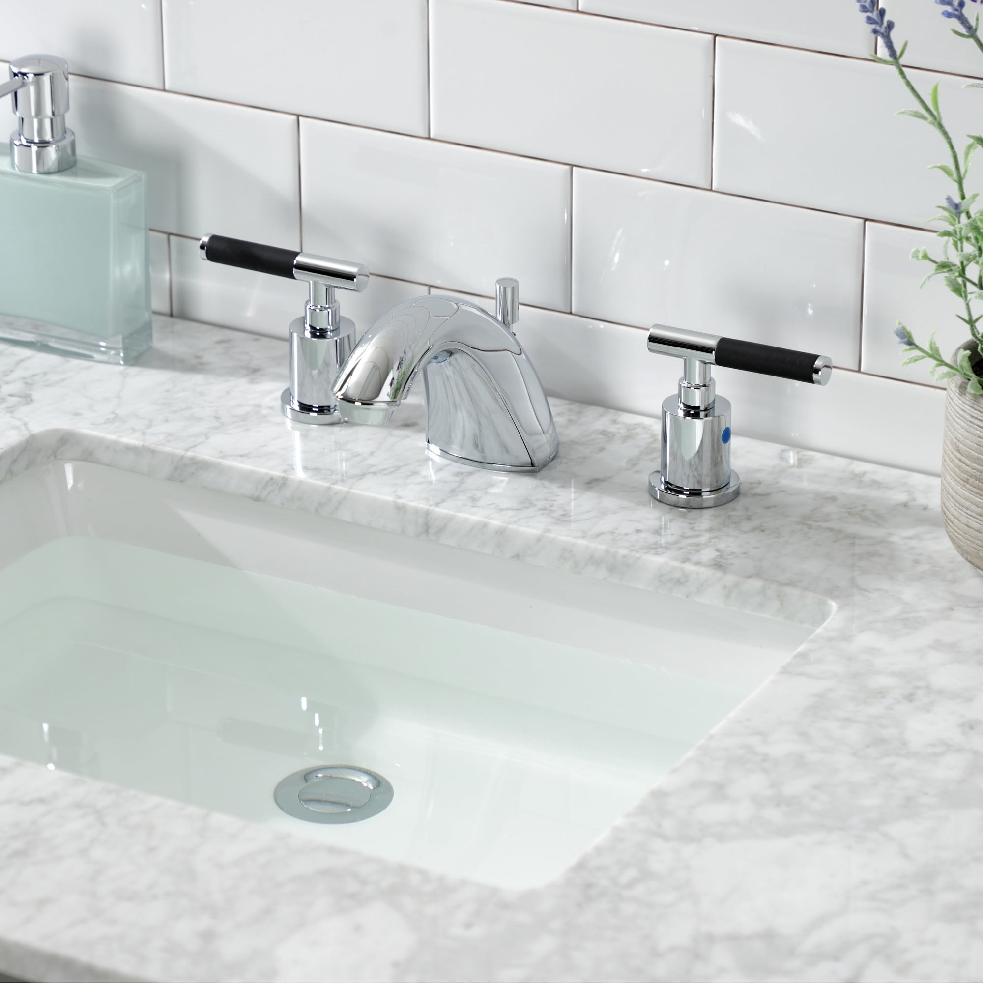 Kingston Brass Kaiser Two-Handle 3-Hole Deck Mount Widespread Bathroom Faucet with Plastic Pop-Up