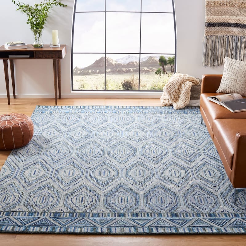 SAFAVIEH Handmade Aspen Andrea Boho Tribal Wool Rug - - 9' x 12' - Grey/Blue