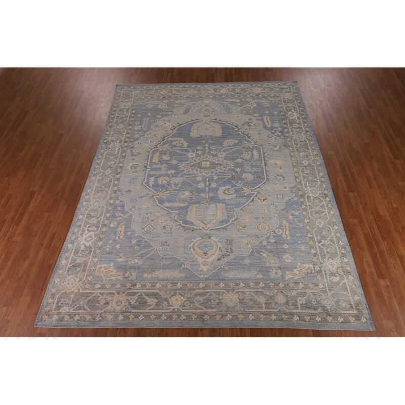 Transitional Blue Oushak Turkish Area Rug Handmade Wool Carpet - 9'2"x 11'10"
