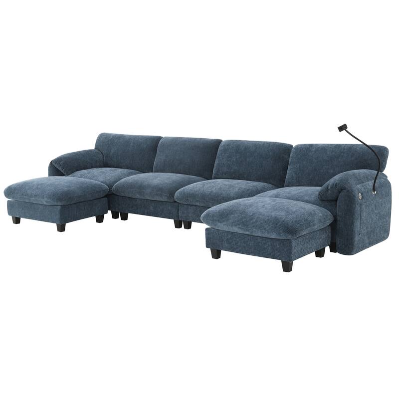 140-Inch Chenille Sectional Sofa with USB and Type-C Charging Ports, Phone Holders, Side Storage Pockets, Movement Ottomans