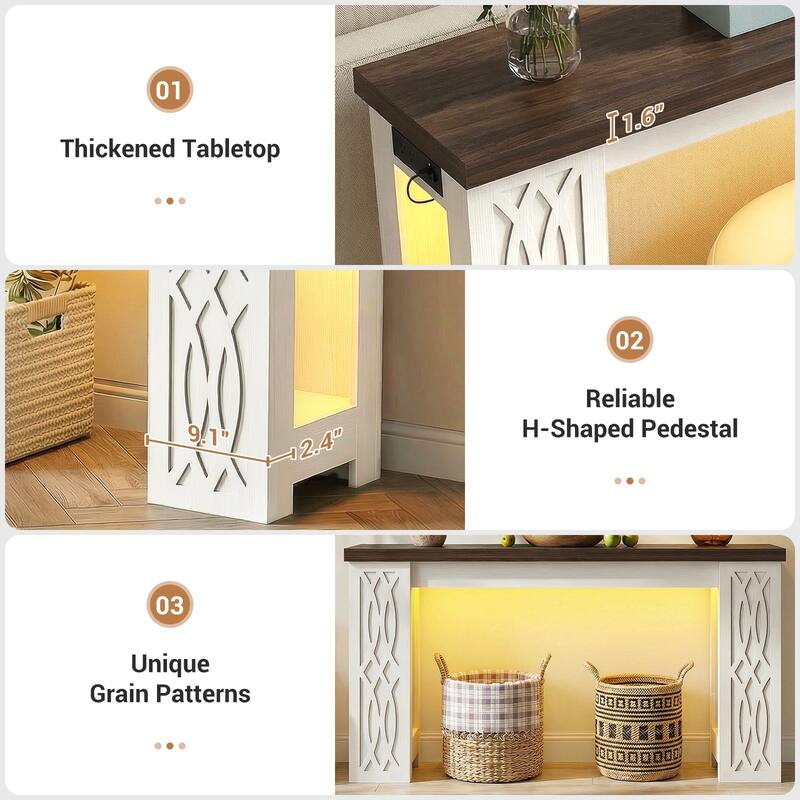 47" Farmhouse Console Table with RGB LED Light ＆ Power Outlets, Unique Carved Design Farmhouse Entryway Table Sofa Table